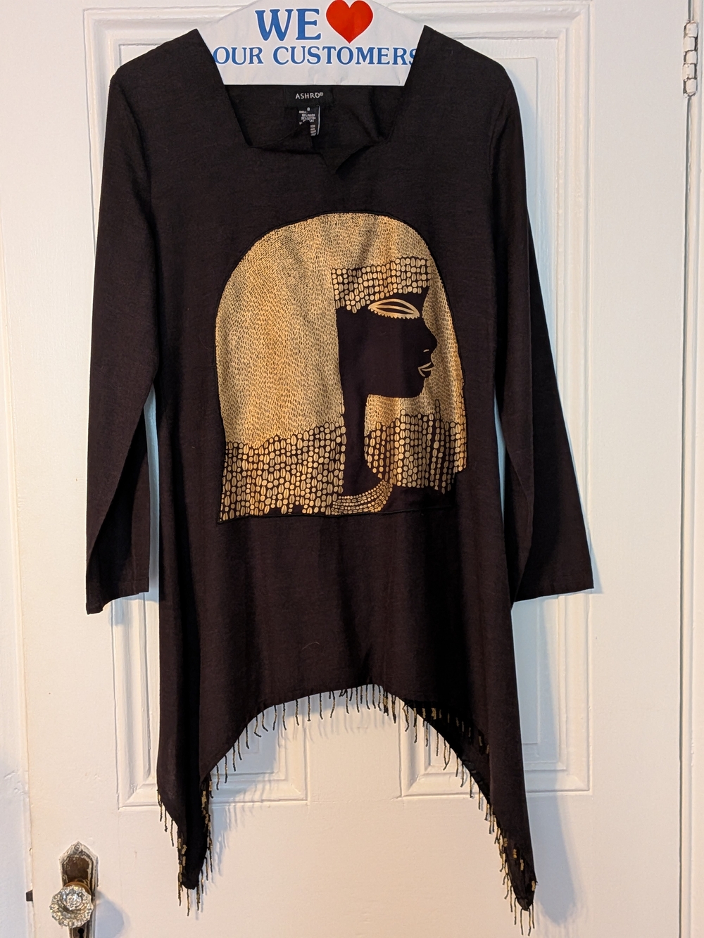 Women's Ashro Black Tunic with Gold Egyptian Motif Nefretiti